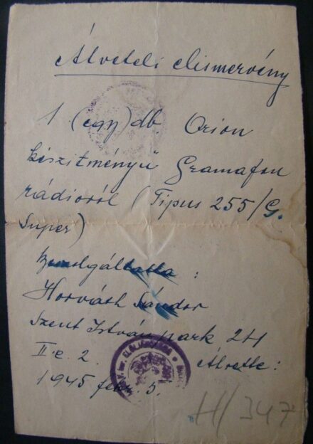 56-711 1945 Orion rádió beszolgáltatásáról elismervény