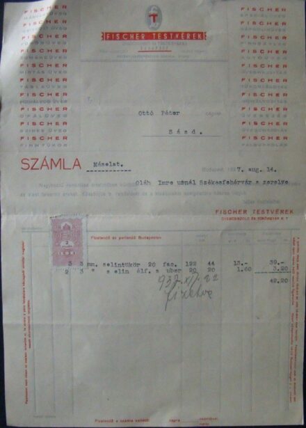 56-1290 1937 Fischer testvérek Üvegcsiszoló és Tükörgyár Rt fejléces számlája Budapest