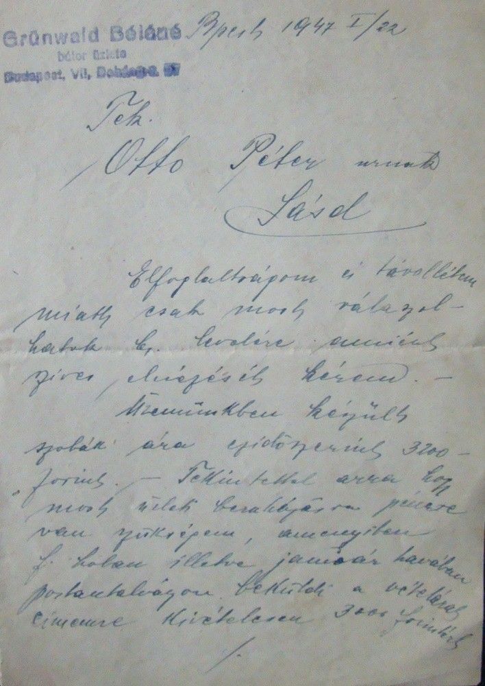 56-374 1947 Grünvald Béláné holokauszt túlélő butorgyáros levele (Budapest)