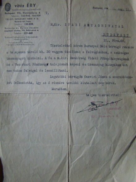 56-523 1943 vitéz Éry tüzelőnagykereskedő levele (Budapest)