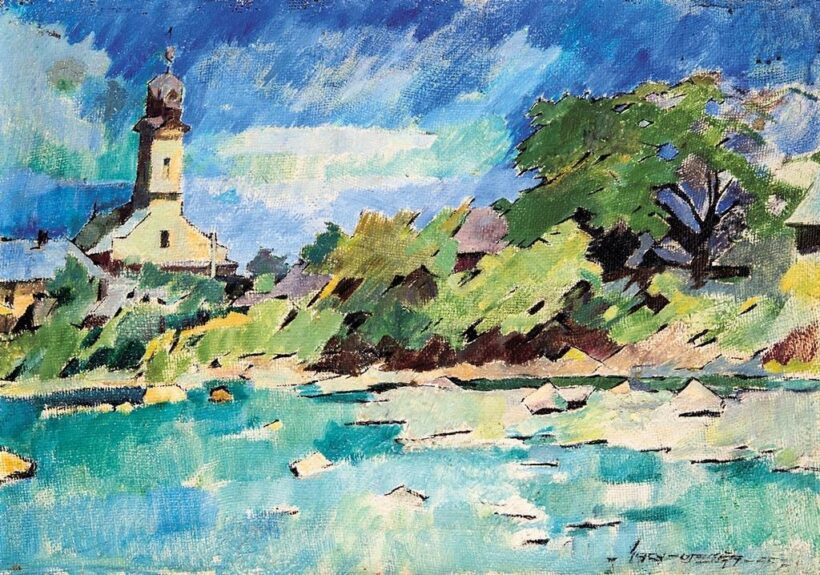 Nagy Oszkár  (1883-1965): Nagybánya látképe a református templommal, 1957