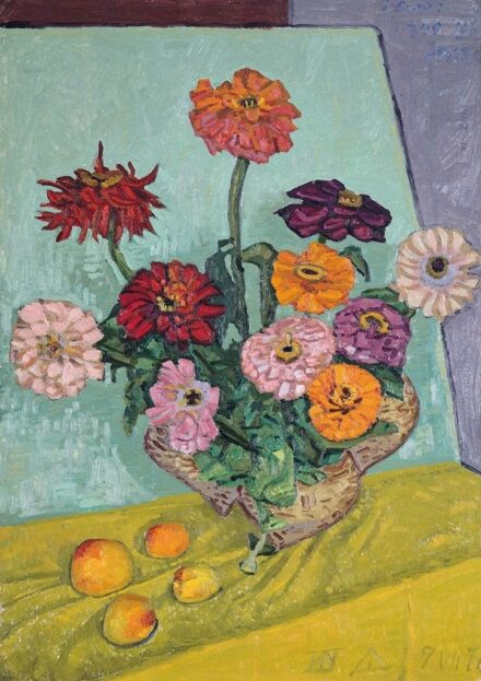 Varga Vasile (1911-?): Csendélet Van Gogh modorában, 1963, Hátoldalon: Tópart