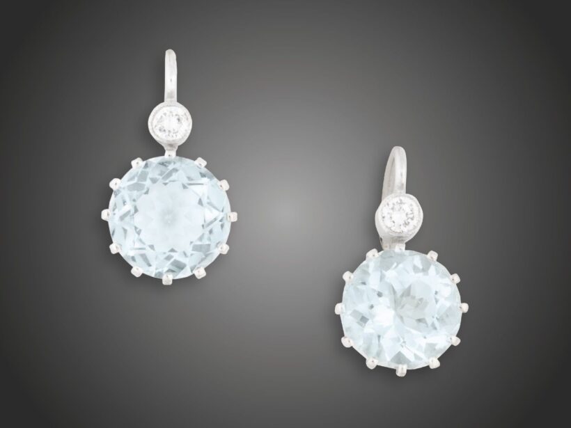 Fülbevaló, 585 au, 2 akvamarin, 2 bril. cca. 0,15 ct, 3,5 g