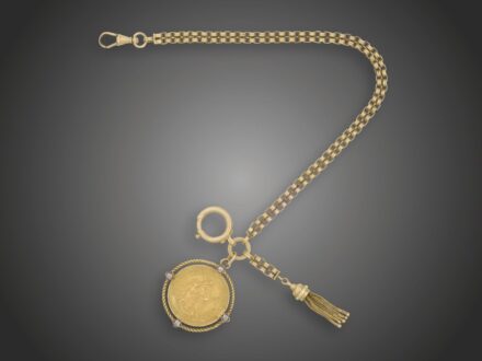 Óralánc, függő, 580 au, 4 gyém. cca. 0,20 ct, 26,6 g