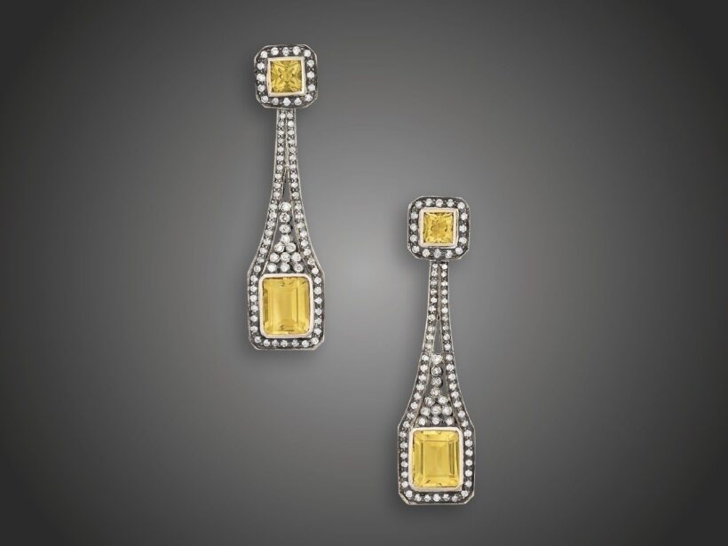 Fülbevaló, 585 au, 4 citrin, 168 bril. cca. 2,50 ct, 22,6 g
