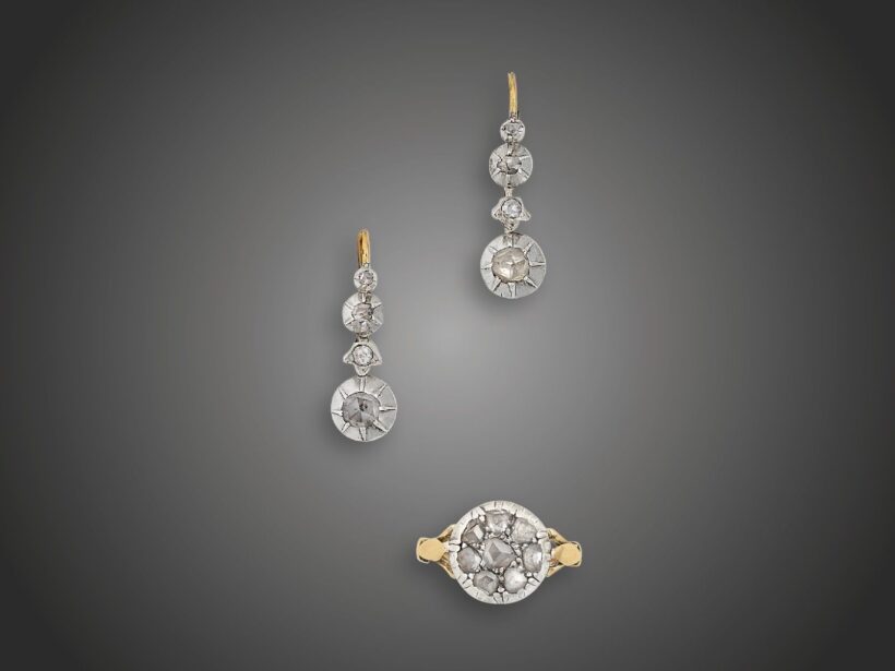Ékszer, 2 db, 585 au, ag, 16 gyém. cca. 1,10 ct, 9,4 g