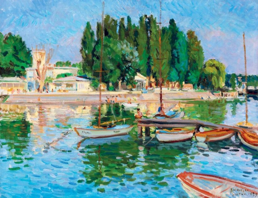 Boldizsár István: Balatoni kikötő vitorlásokkal (Siófok), 1959