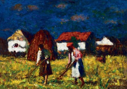 Koszta József: Alföldi táj napsütötte házakkal, Szénaszedőkkel, 1930-as évek