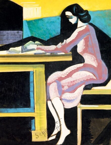 Scheiber Hugó: Fiatal lány piros ruhában, 1930-as évek