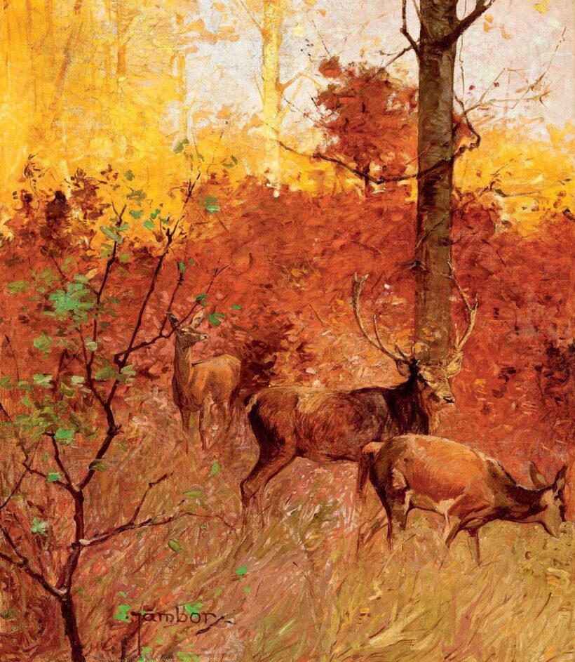 Jámbor Lajos: Gímszarvasok az őszi erdőben, 1910-es évek