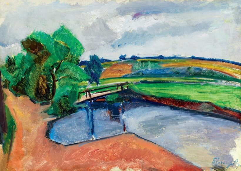 Tihanyi Lajos: Táj patakban tükröződő gyaloghíddal, 1910-es évek