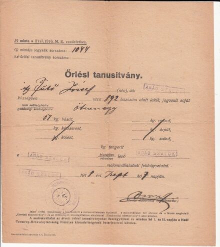 57-1305  1918 Örlési tanusítvány