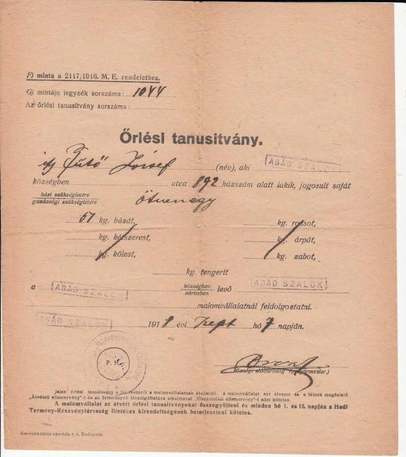 57-1305  1918 Örlési tanusítvány
