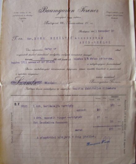 57-758 1911 Baumgartner Ferenc varrógép forgalmazó fejléces számlája, Budapest