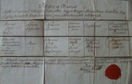 57-1304 1842 Keresztelési anyakönyvi kivonat az magyaralmási plébániatemplom anyakönyveiből, latin és magyar nyelven, rányomott viaszpecséttel