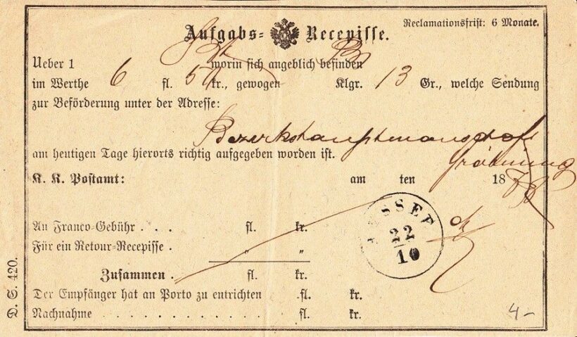57-854 1878. Feladási vevény