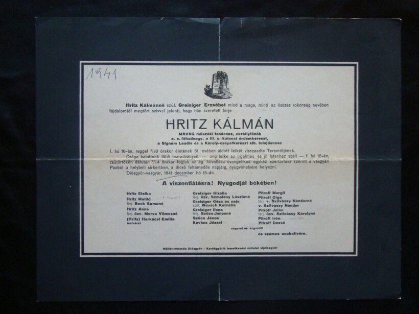 57-915 1941. Hritz Kálmán MÁVAG műszaki tanácsos, osztályfőnök halotti értesítője, dr. Merva László segéd lelkész részére küldve Budapestre