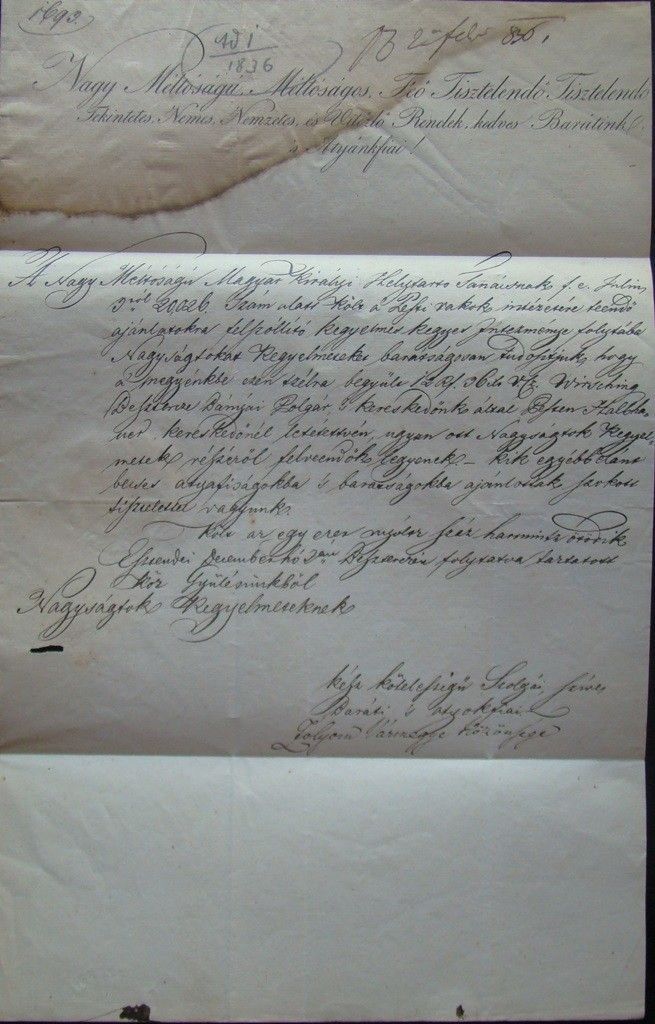 57-908 1836. Zolyom vármegye levele a Helytartó tanácsnak Pestre