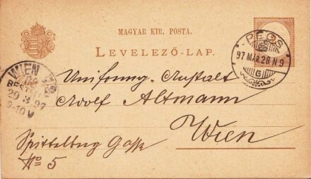 57-1164 1897 5kr levelezőlap "PÉCS"-"WIEN"