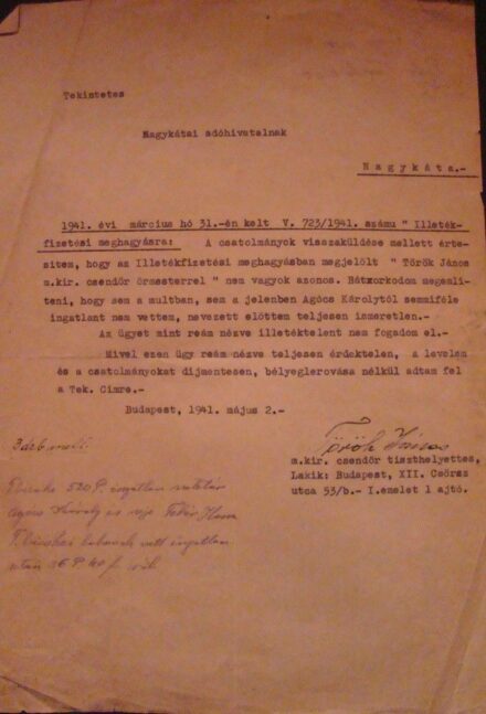 57-752 1941 Török János csendőr örmester levele a Nagykátai Adóhívatalnak