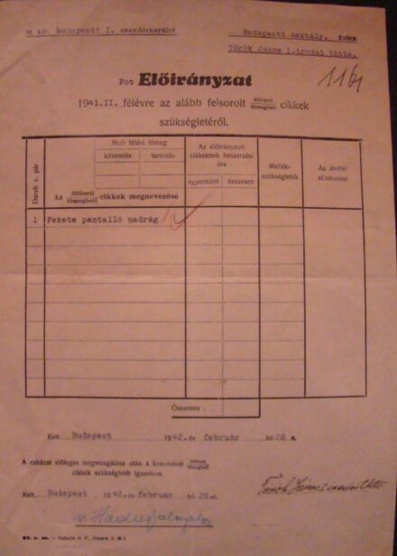 57-376 1942 Török János csendőr irodai tiszthelyettes öltözeti előirányzata