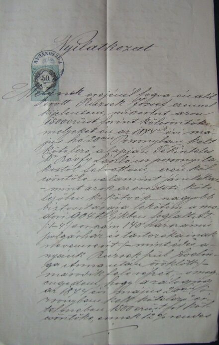 57-847 1875 Nyilatkozat 50kr bélyeggel