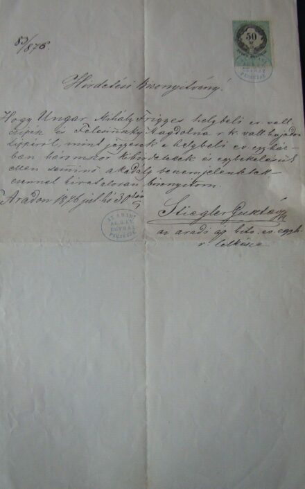 57-1692  1876 Hirdetési bizonyitvány, 50kr bélyeggel