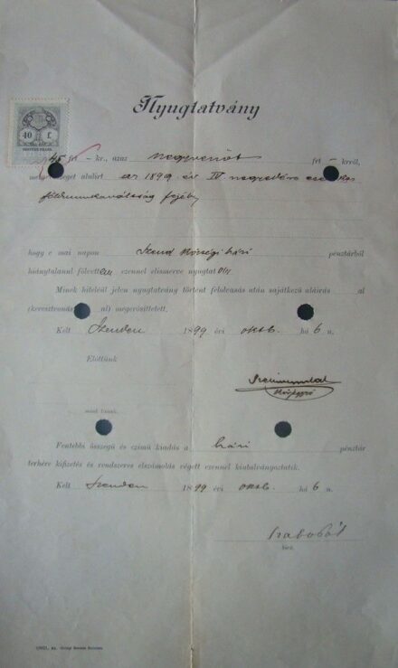 57-1694 1899 Nyugtatvány, 40 filléres bélyeggel
