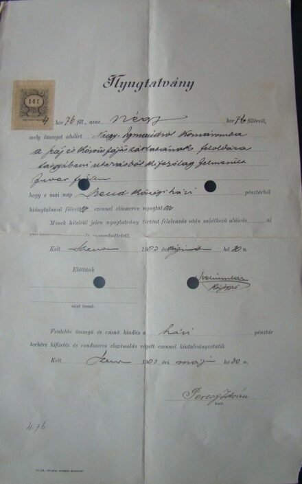 57-1695 1899 Nyugtatvány, 14 filléres bélyeggel