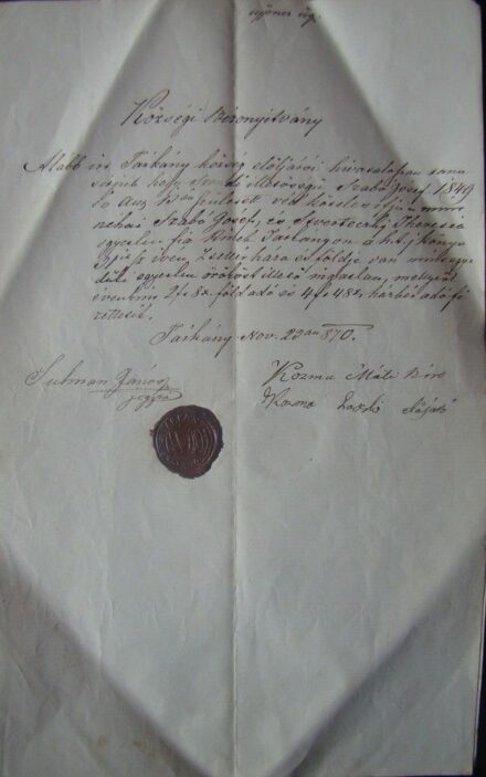 57-1696 1870 Községi bizonyitvány, viaszpecséttel (Tárkány)