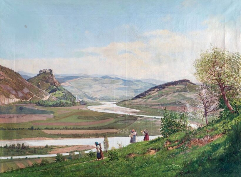 Reisz, Hermann (1865-1920): Asszonyok a Vág mentén, háttérben várrommal