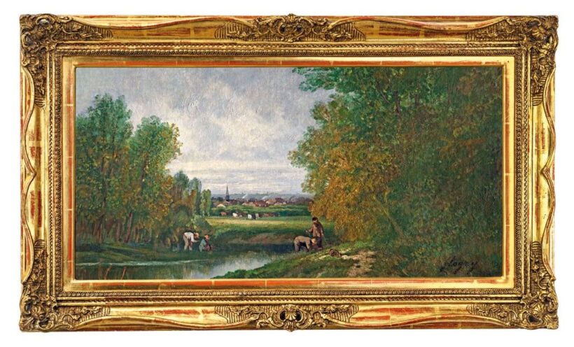 Flogny, Eugene Victor, de (1825-1879): Folyóparti táj horgászokkal