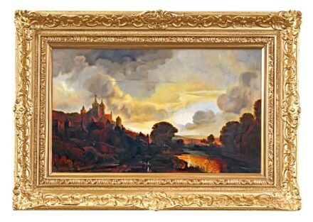 Telbisz Albert (1893-1945): Folyóparti városka naplementében, 1929