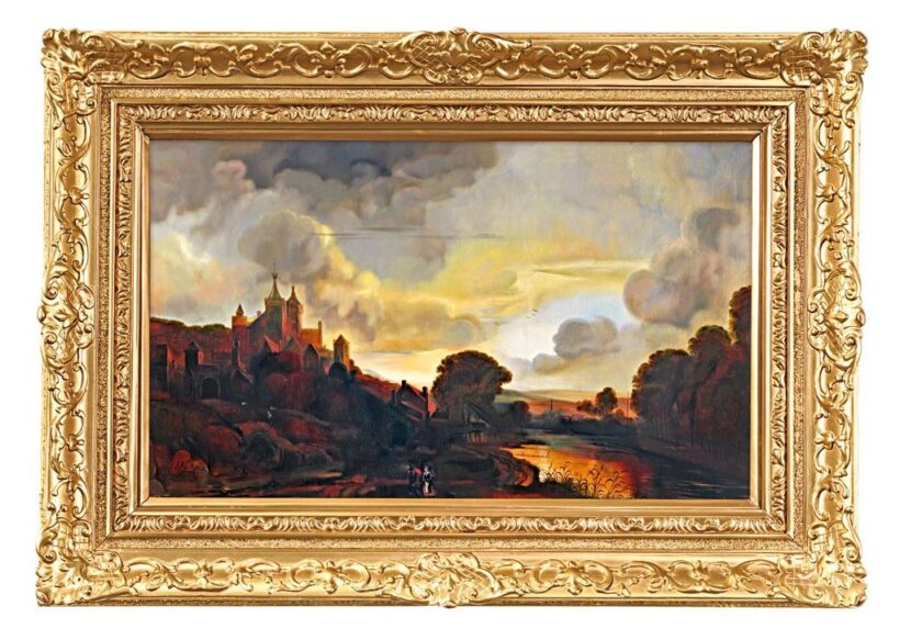 Telbisz Albert (1893-1945): Folyóparti városka naplementében, 1929