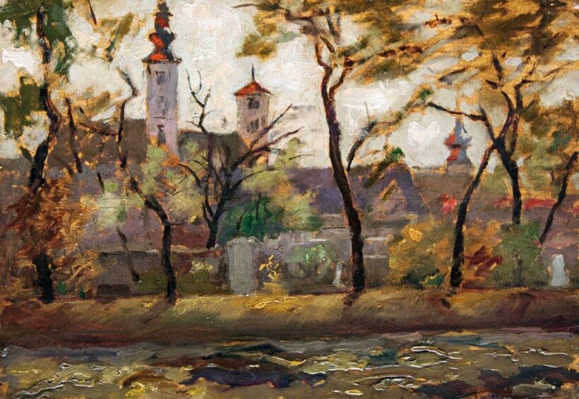 Hornyánszky jelzéssel: Falurészlet templomokkal, 1921