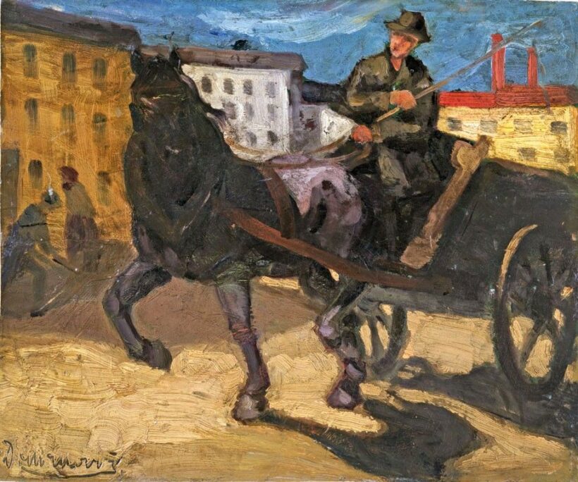 Domanovszky Endre (1907-1974): Lovasszekér a városban