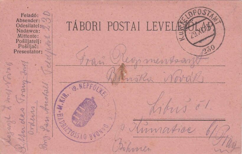 58-1553 1915 Tábori postai levelezőlap "M.Kir. 9. Népfelkelő Pk. " körpecséttel