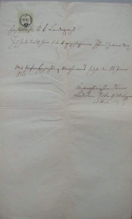 58-1545 1856 Kérvény 6 kr. bélyeggel,