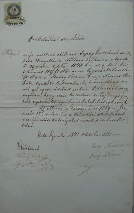 58-1547 1871 Örök eladási szerződésl 50kr bélyeggel, pecséttel