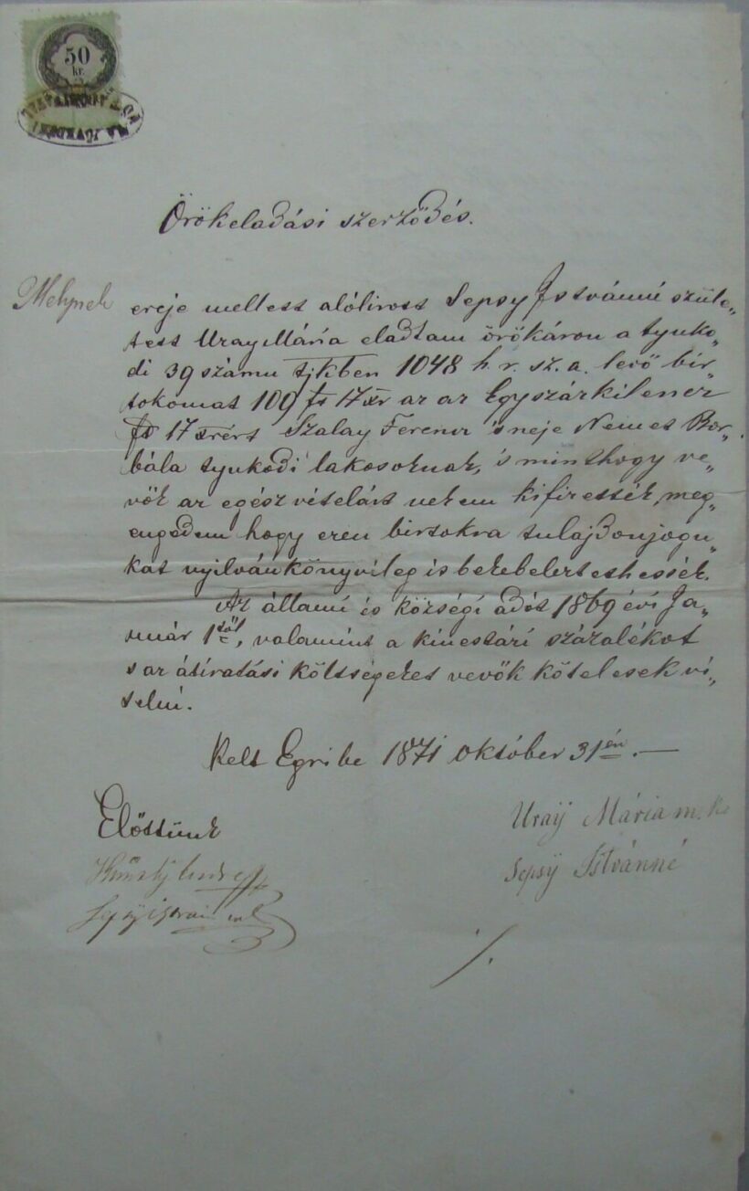 58-1547 1871 Örök eladási szerződésl 50kr bélyeggel, pecséttel