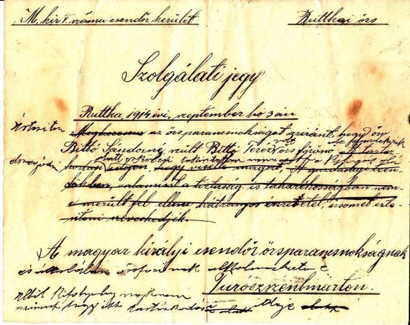 58-621 1914. Csendőrségi szolgálati jegy. Rittkai őrs