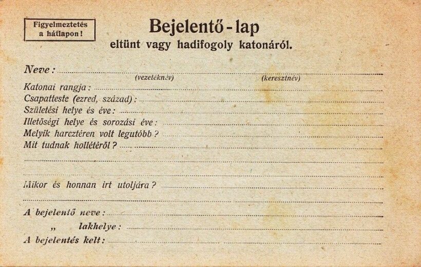 58-599 1917. Kitöltettlen bejelentő lap eltünt vagy hadifogoly katonáról.