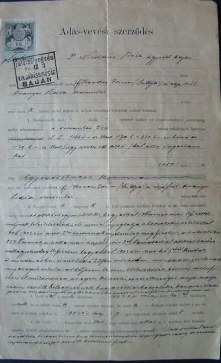 58-1234 1902 Adás-Vételi szerződés 1K bélyeggel