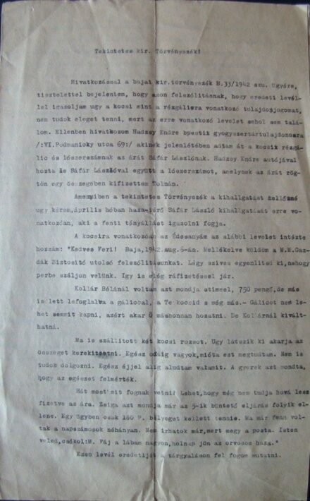 58-1699 1942 Kérvény a Bajai Kir. Törvényszéknek rézgálic és lovaskocsi eladása miatt, érdekes tartalommal