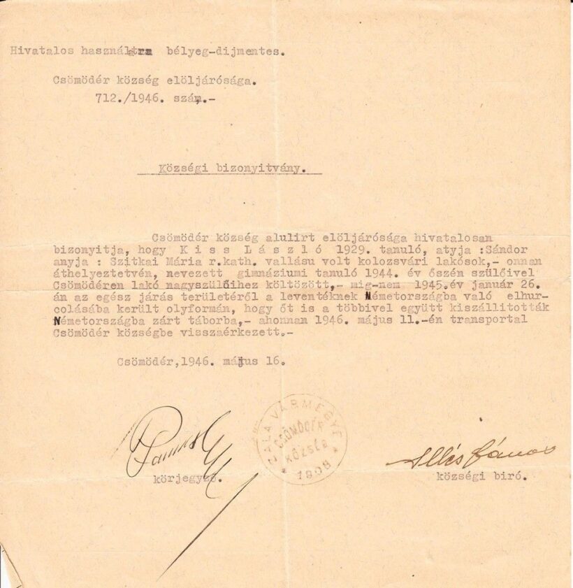 57-1567 1946 Községi bizonyítvány levente szolgálatról, Csömödér község pecsétjéval