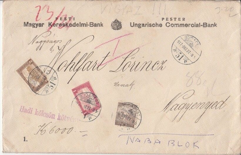 59-694 1917 Pesti Magyar Kereskedelmi Bank levélborítékja portósan feladva