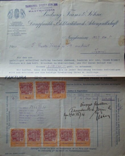 59-1217 1923 Díszes számla " Transdanubia Egyesült Gőzmalmok Rt Nagykanizsa" fejlécével
