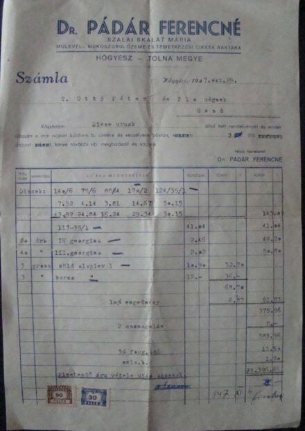 59-644 Dr. Pádár Ferencné /Szalai Skalát Mária/ fejléces számlája, Hőgyész