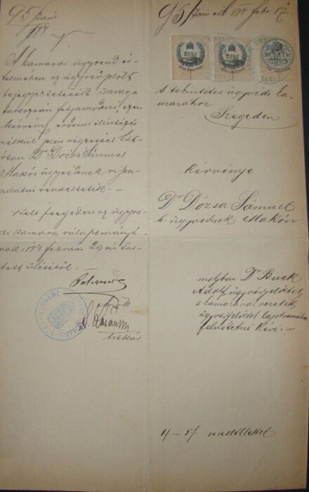 59-1658 1884 Végrehajtási kérvény, 2 db 20kr és 1 db 10 kr bélyeggel