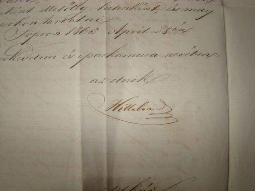 59-321 1863 Levél a soproni Kereskedelmi és Iparkamarának Magyaróvárra, Hillebrand Vince (1811-1872) likőrgyáros a Soproni Kamara elnőkének aláírásával - Image 2
